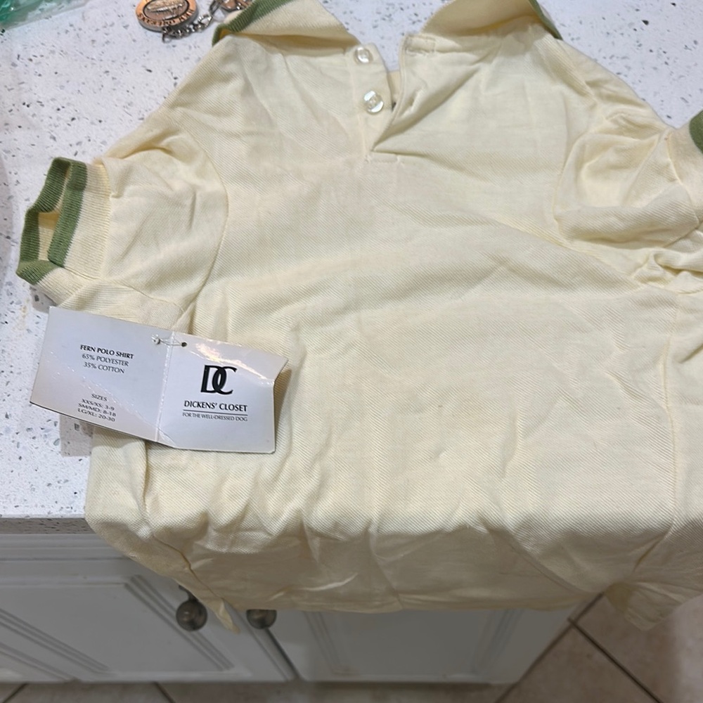 NWT Dickens’ Closet Cream and Green Dog Polo Shirt